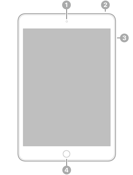 Die Vorderansicht des iPad mini mit Hinweisen auf die Frontkamera oben in der Mitte, die obere Taste oben rechts, die Lautstärketasten an der rechten Seite und die Home-Taste/Touch ID unten in der Mitte.