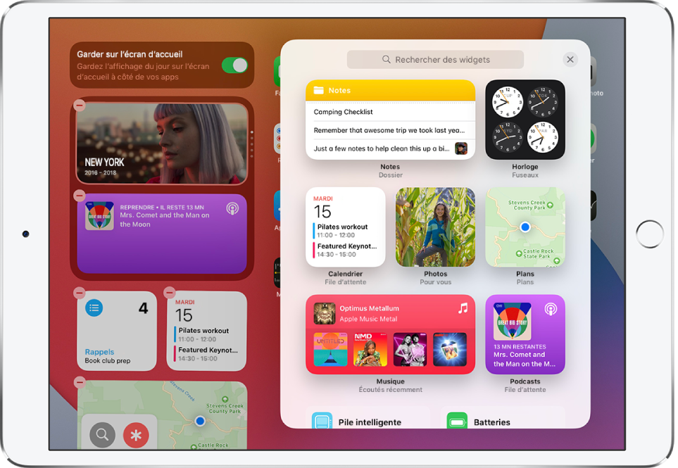 La galerie de widgets sur l’iPad affichant des widgets, comme par exemple Notes, Horloge, Calendrier, Photos, Plans, Musique et Podcasts.