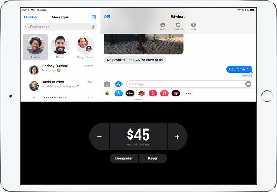Une conversation iMessage avec l’app Apple Pay ouverte en bas.