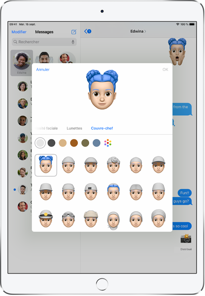 L’écran de création d’un Memoji, montrant un personnage en cours de création en haut, les caractéristiques physiques sous le personnage et les options de personnalisation pour la caractéristique sélectionnée en dessous. Le bouton OK se trouve en haut à droite et le bouton Annuler est en haut à gauche.