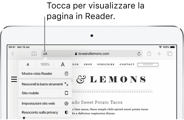 La barra degli strumenti di Safari, con il pulsante Reader a sinistra del campo Indirizzo.