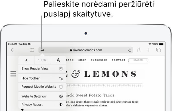 „Safari“ įrankių juosta su „Reader“ mygtuku adreso lauko kairėje pusėje.