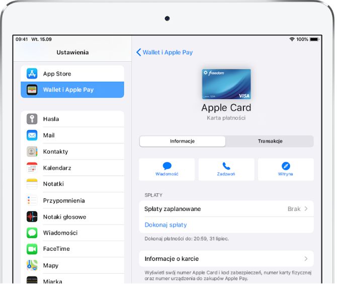 Ekran z danymi karty Apple Card.