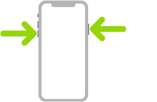 رسم توضيحي للـ iPhone مع أسهم تشير إلى الزر الجانبي في أعلى الجزء الأيمن وأحد زري مستوى الصوت في أعلى اليسار.