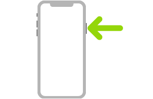 رسم توضيحي للـ iPhone مع سهم يشير إلى الزر الجانبي الموجود في أعلى الجزء الأيمن.