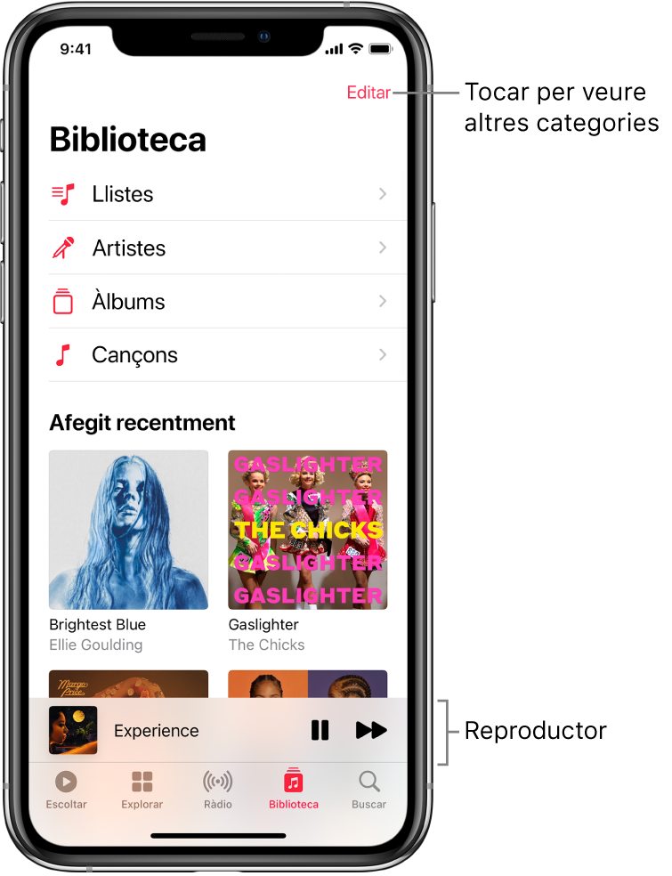 Pantalla de la biblioteca amb un llistat de categories que inclou Llistes, Artistes, Àlbums i Cançons. La capçalera “Afegit recentment” es mostra sota la llista. El reproductor amb el títol de la cançó que s’està reproduint i els botons Pausa i Següent són a prop de la part inferior.