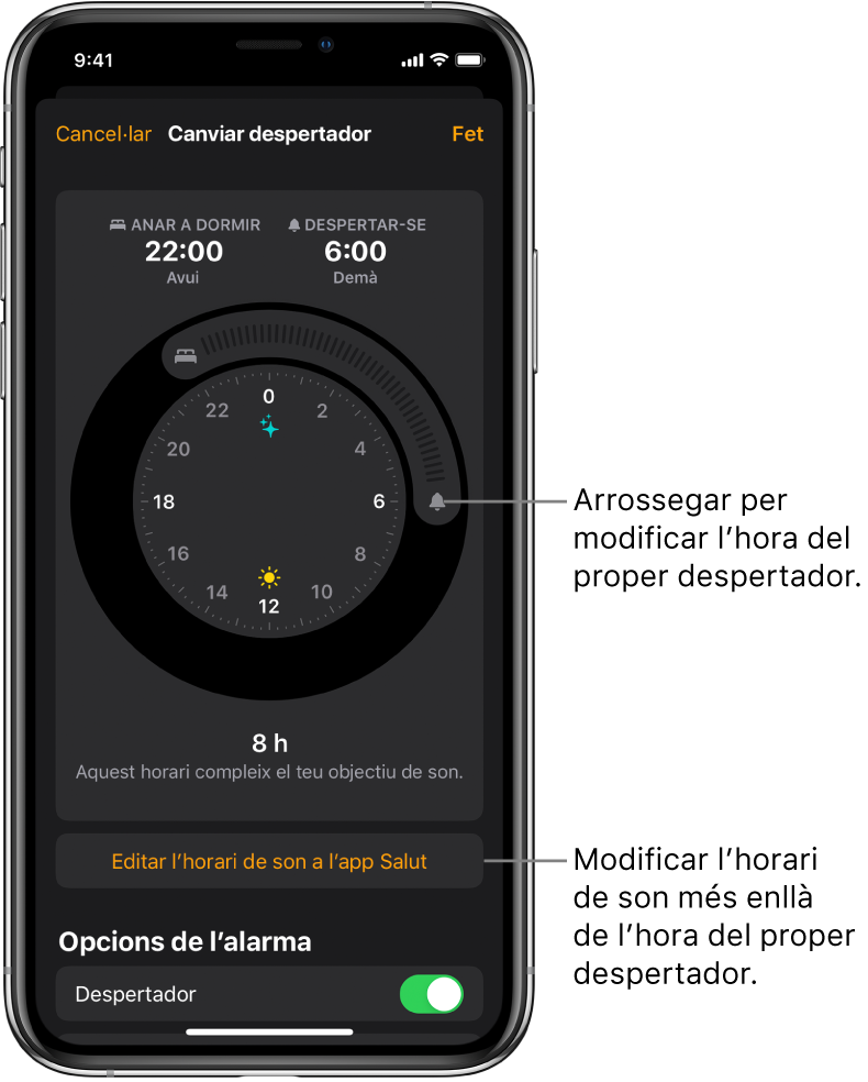 Pantalla per canviar l’hora de despertar-te de demà, amb botons que pots arrossegar per canviar l’hora d’anar a dormir i l’hora de despertar-te, un botó per canviar l’horari de son a l’app Salut, i un botó per activar o desactivar el despertador.