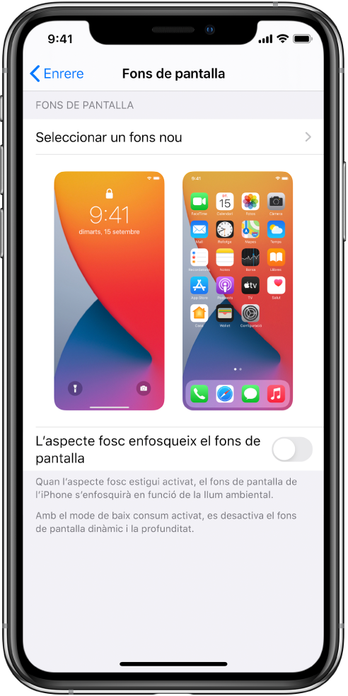 Pantalla de configuració del fons de pantalla, amb el botó per seleccionar-ne un de nou al capdamunt i imatges de la pantalla bloquejada i la pantalla d’inici amb el fons de pantalla actual.
