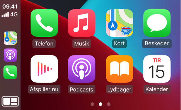 Hjem i CarPlay, der viser symboler for Telefon, Musik, Kort, Beskeder, Afspiller nu, Podcasts, Lydbøger og Kalender.