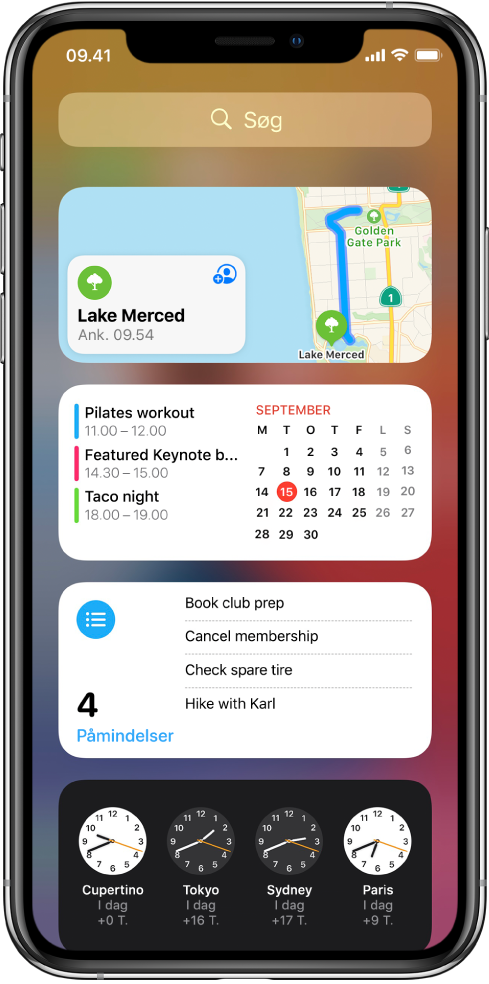 Widgetten Kort og tre andre widgets på en iPhone-skærm.