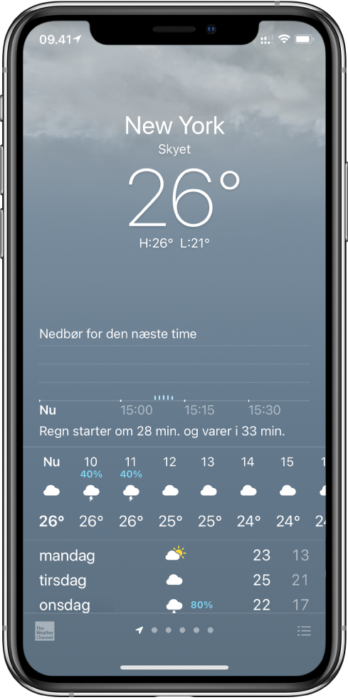 Skærmen Vejr, der fra oven og ned viser lokaliteten, en advarsel om kraftig torden, temperaturen i øjeblikket, dagens højeste og laveste temperatur og et diagram med nedbørsniveauerne den næste time. Nederst på skærmen findes prognosen pr. time efterfulgt af prikker, der viser, hvor mange lokaliteter der er på listen med lokaliteter. I det nederste højre hjørne findes knappen Rediger byer.