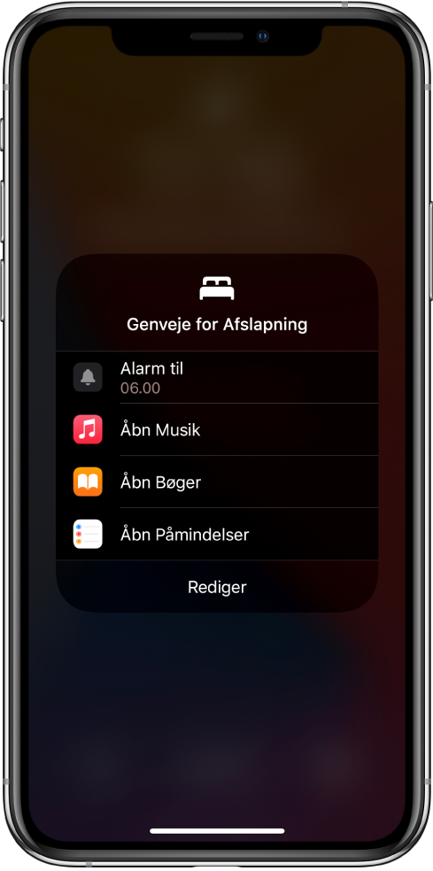 Skærmen Genveje for Afslapning med genveje til at åbne Musik, Bøger og Påmindelser.