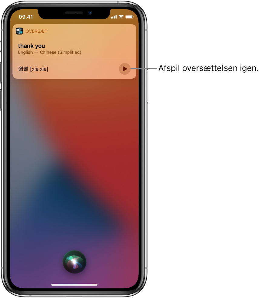 Siri viser en oversættelse af "tak" på mandarin. En knap til højre afspiller lyden af oversættelsen igen.
