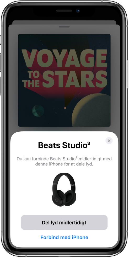 En iPhone-skærm, der viser Beats-hovedtelefoner. Nær bunden af skærmen findes en knap til midlertidig deling af lyd.