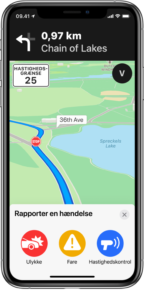Et kort med et rutekort med teksten Rapporter en hændelse nederst på skærmen. På rutekortet vises knapperne Uheld, Fare og Hastighedskontrol.
