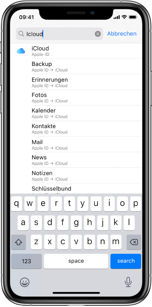 Der Bildschirm zum Suchen von Einstellungen mit dem Suchfeld oben. Im Suchfeld ist der Begriff „iCloud“ zu sehen. Die Liste darunter enthält die Einträge, in denen der Suchbegriff gefunden wurde.