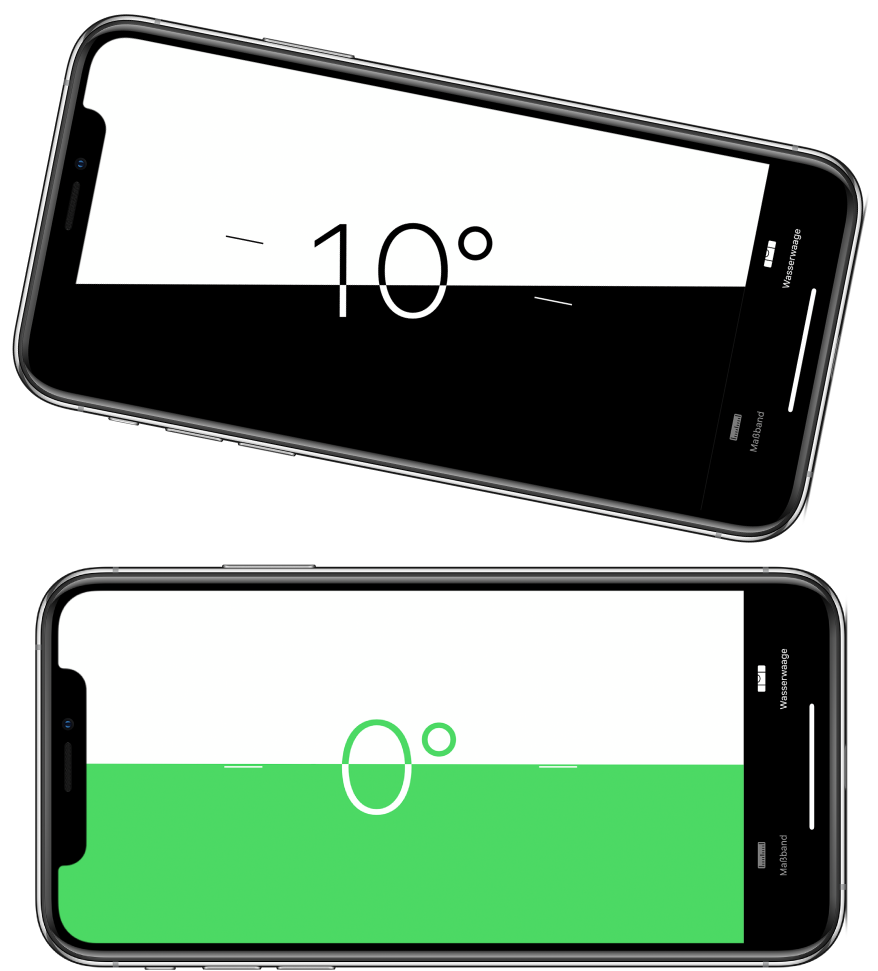 Der Bildschirm „Wasserwaage“. Oben ist das iPhone in einem Winkel von 10 Grad geneigt, unten ist es gerade ausgerichtet.