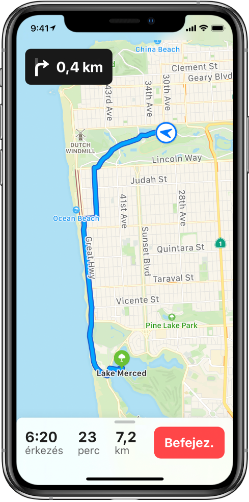 Egy áttekintő térképen kerékpáros útvonalterv látható San Francisco két parkja között.