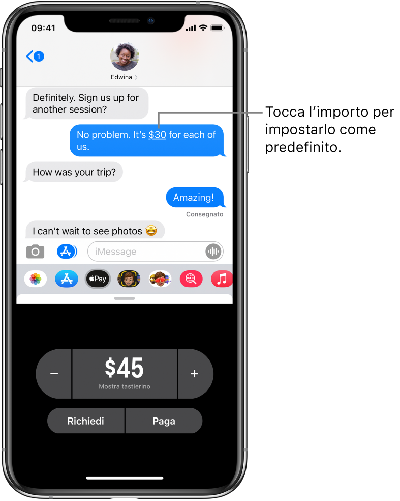 Una conversazione iMessage con l’app Apple Pay aperta in basso.
