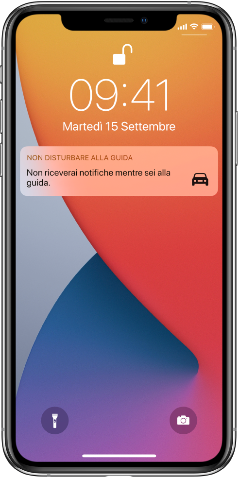 La notifica “Non disturbare alla guida” in “Blocco schermo”.