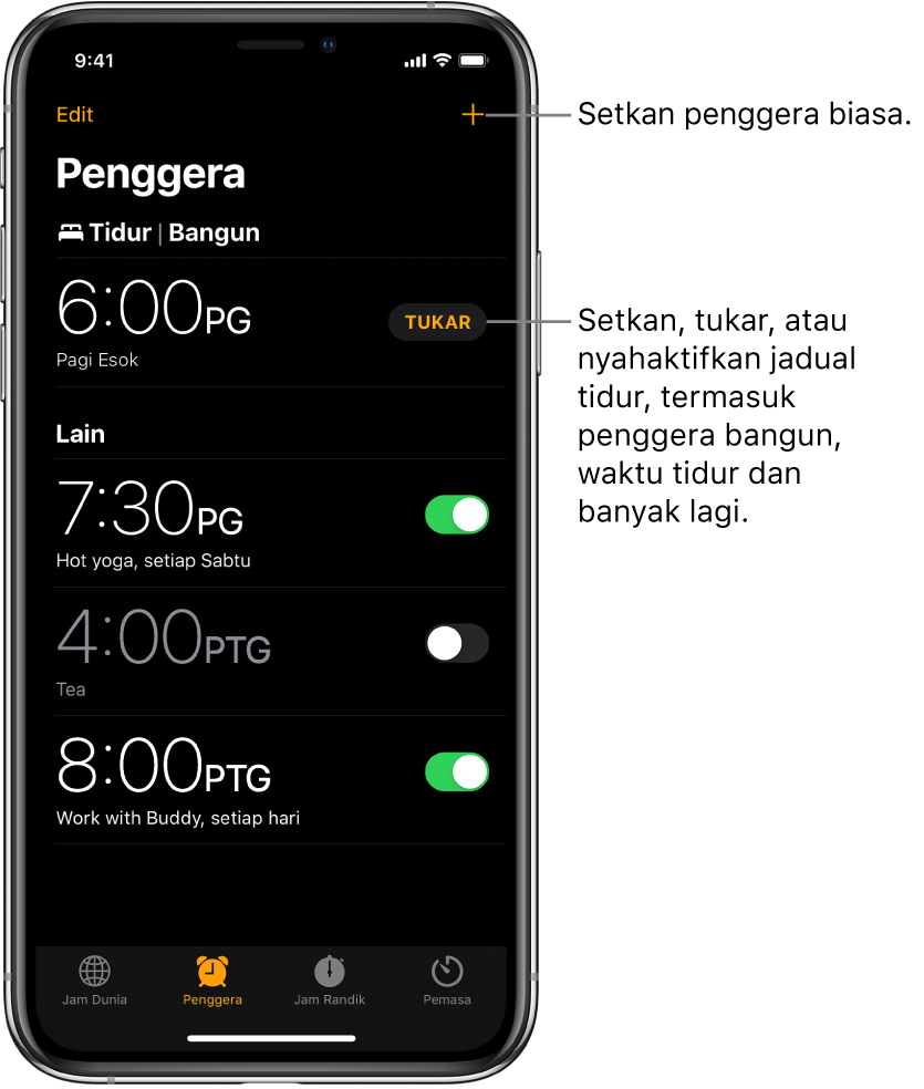 Tab Penggera, menunjukkan empat penggera disetkan pada pelbagai waktu, butang untuk mengesetkan penggera biasa di bahagian kanan atas dan penggera Bangun dengan butang untuk menukar jadual tidur dalam app Kesihatan.