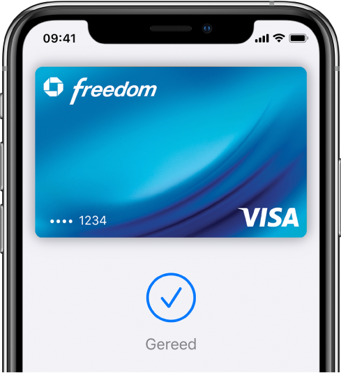Een creditcard in het Wallet-scherm. Onder de kaart staat een vinkje en het woord "Gereed".