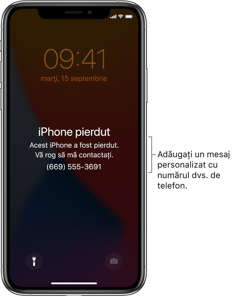 Ecranul de blocare al unui iPhone cu mesajul: “iPhone pierdut. Acest iPhone a fost pierdut. Vă rog să mă contactați. (669) 555-3691.” Puteți adăuga un mesaj personalizat alături de numărul dvs. de telefon.