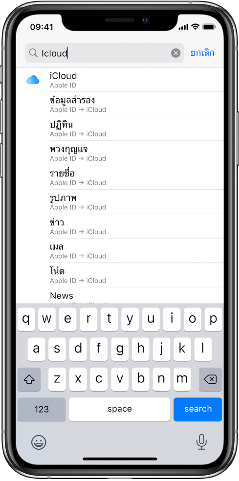 หน้าจอการตั้งค่าการค้นหาที่มีช่องค้นหาที่ด้านบนสุด คำค้นหา “iCloud” อยู่ในช่องค้นหา และการตั้งค่าที่พบแสดงอยู่ในรายการด้านล่าง
