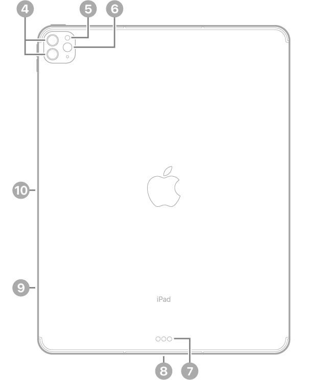 The back view of iPad Pro with callouts going clockwise from the top left: rear cameras, flash, Smart Connector, Thunderbolt / USB 4 connector, SIM tray (Wi-Fi + Cellular), and magnetic connector for Apple Pencil.