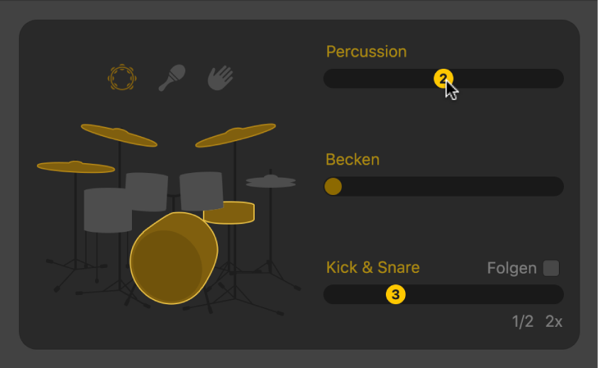 Abbildung. Im Drummer-Editor werden Steuerelemente für akustische Pattern-Variationen angezeigt