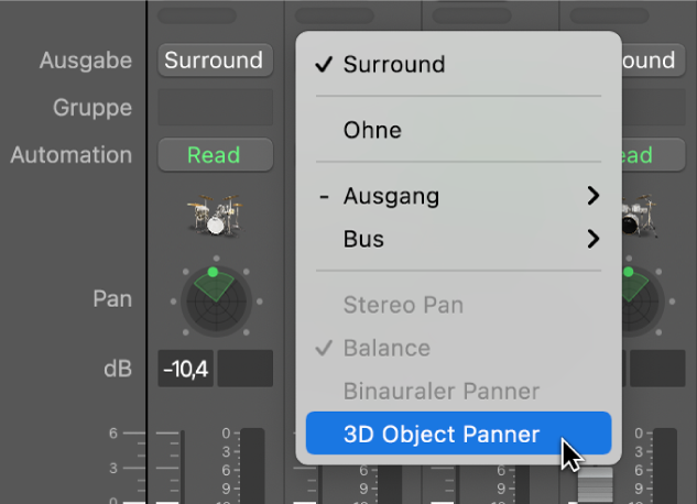 Abbildung. 3D Object Panner im Ausgang-Slot.
