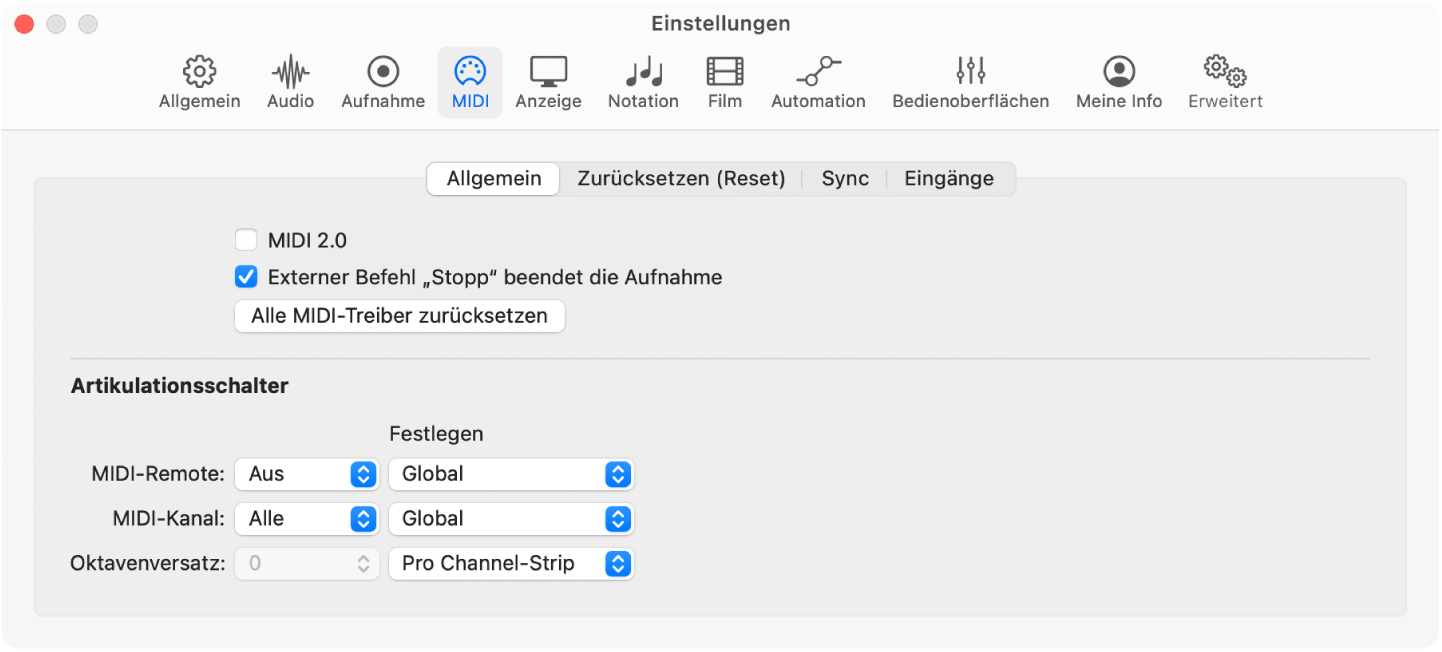 Abbildung. Bereich „MIDI“ > „Allgemein“