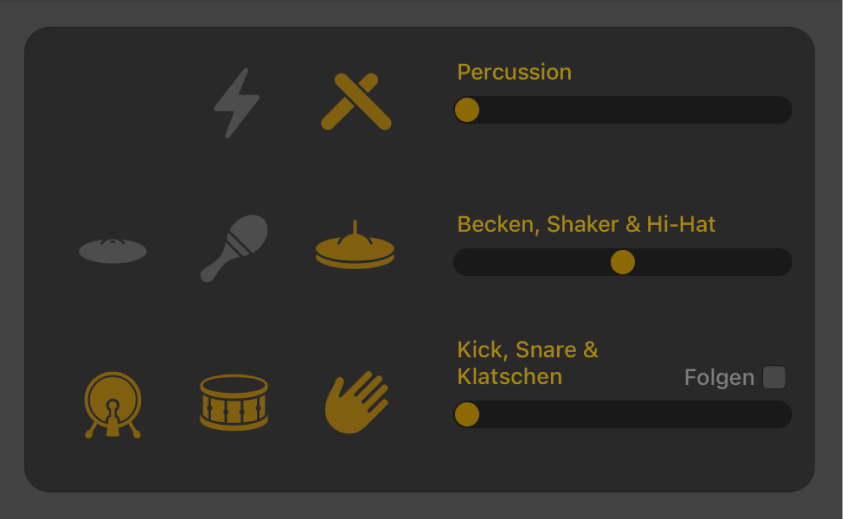 Abbildung. Im Drummer-Editor werden Steuerelemente für elektronische Pattern-Variationen angezeigt