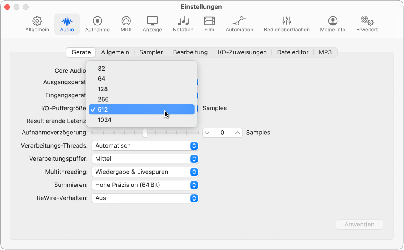 Abbildung. Festlegen der I/O-Puffergröße in den Logic Pro-Einstellungen.