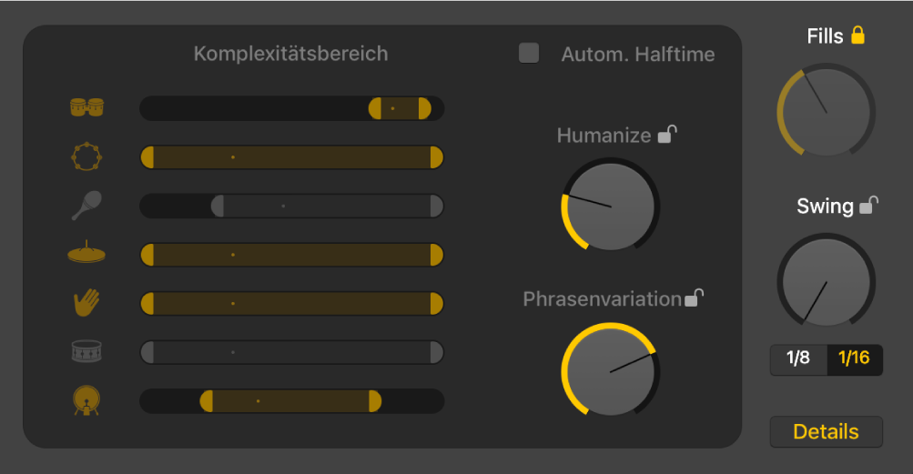 Abbildung. Humanize-Drehregler , Evolution-Drehregler und Regler „Komplexitätsbereich“ im Drummer-Editor
