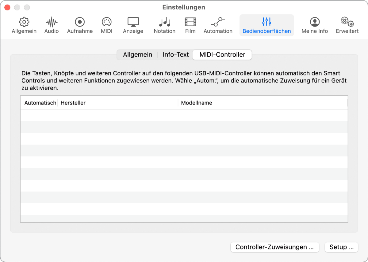 Abbildung. Einstellungen für MIDI-Controller in Logic Pro.