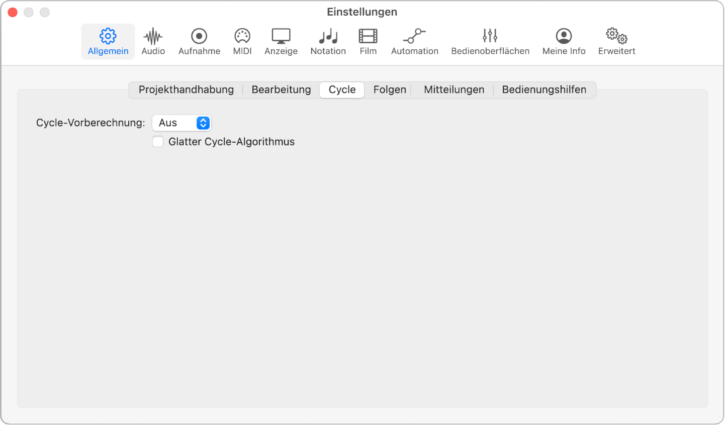 Abbildung. Bereich „Cycle“ im Bereich „Allgemein“