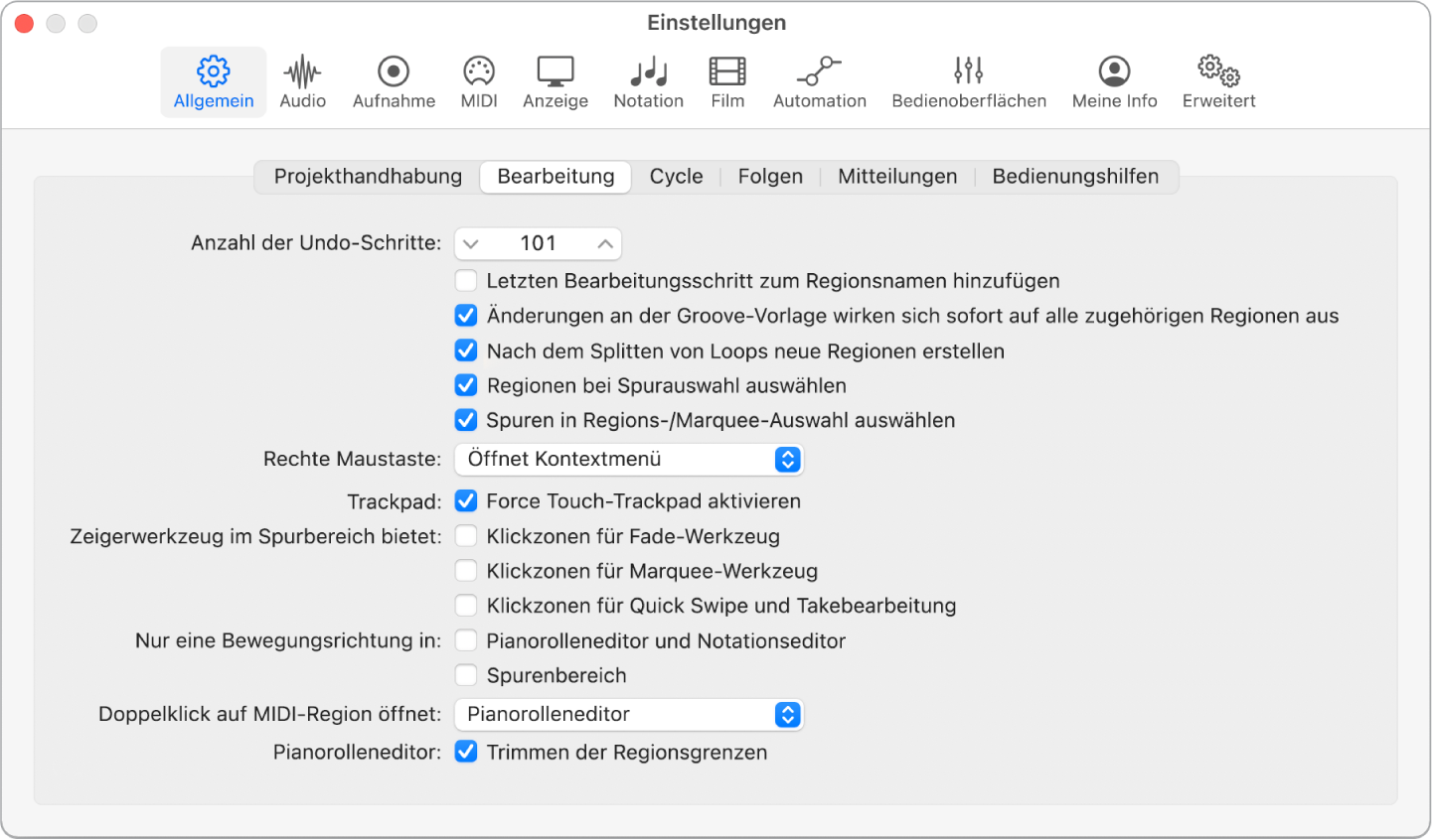 Abbildung. Bereich „Bearbeitung“ im Bereich „Allgemein“ der Einstellungen