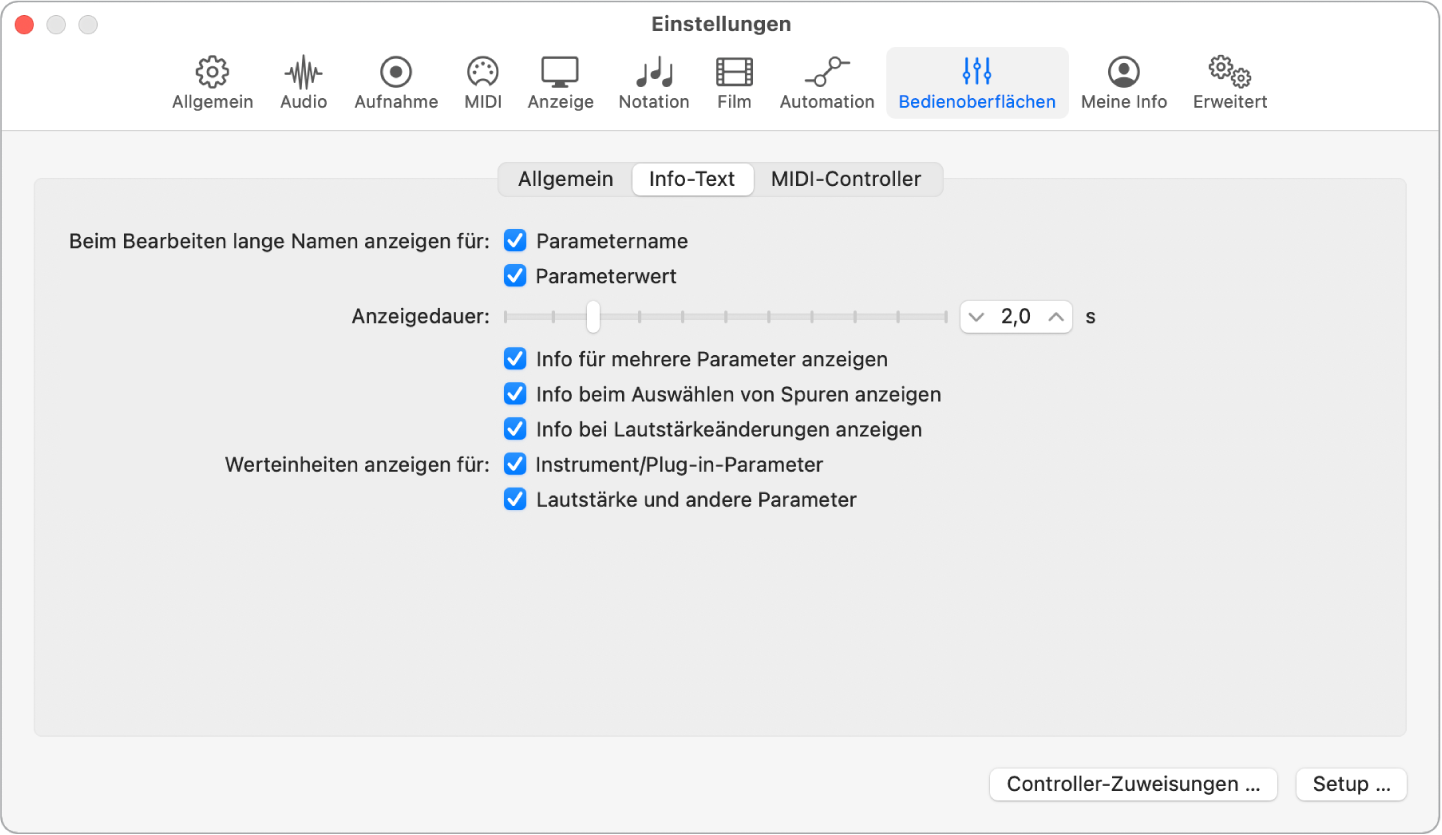 Abbildung. Einstellungen für Info-Text in Logic Pro.
