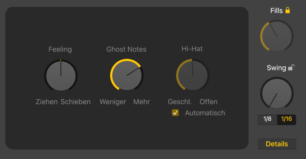 Abbildung. Feel-Drehregler, Ghost Note-Drehregler und Hi-Hat-Drehregler im Drummer-Editor