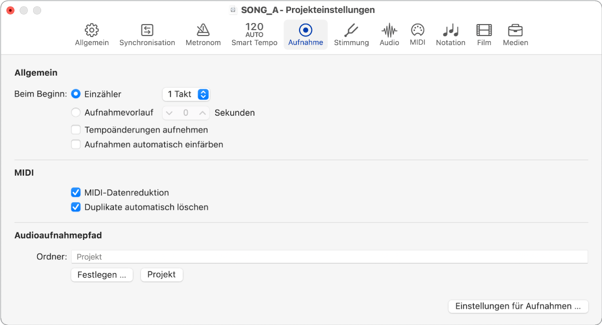Abbildung. Bereich „Aufnahme“