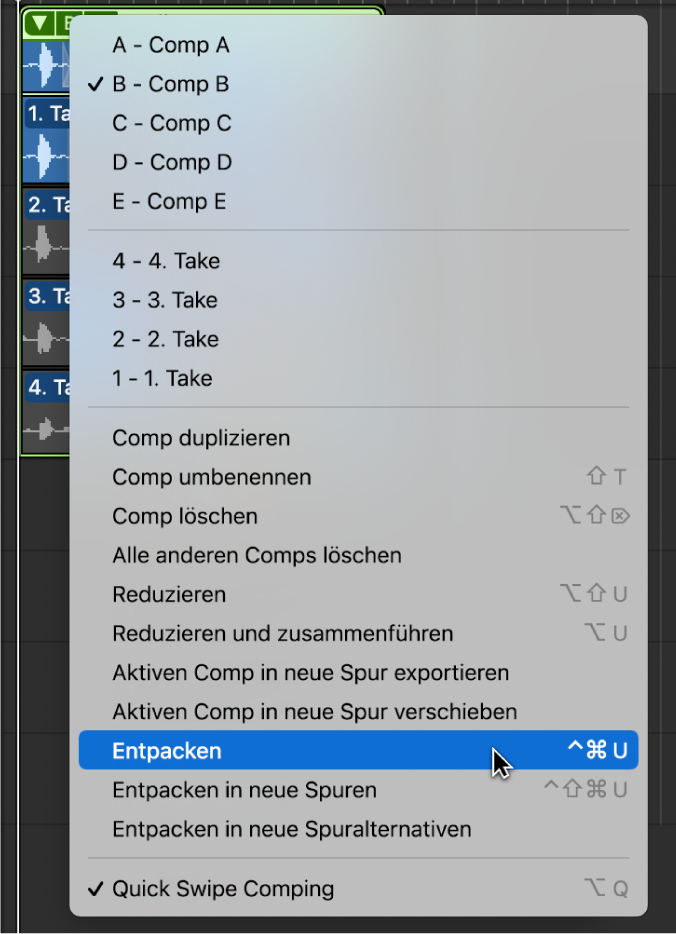 Abbildung. Auswählen von „Entpacken“ im Einblendmenü