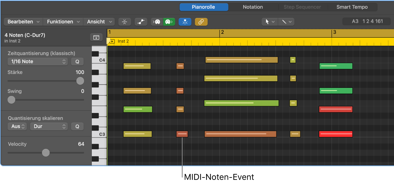 Abbildung. Pianorolleneditor mit hervorgehobenem MIDI-Noten-Event
