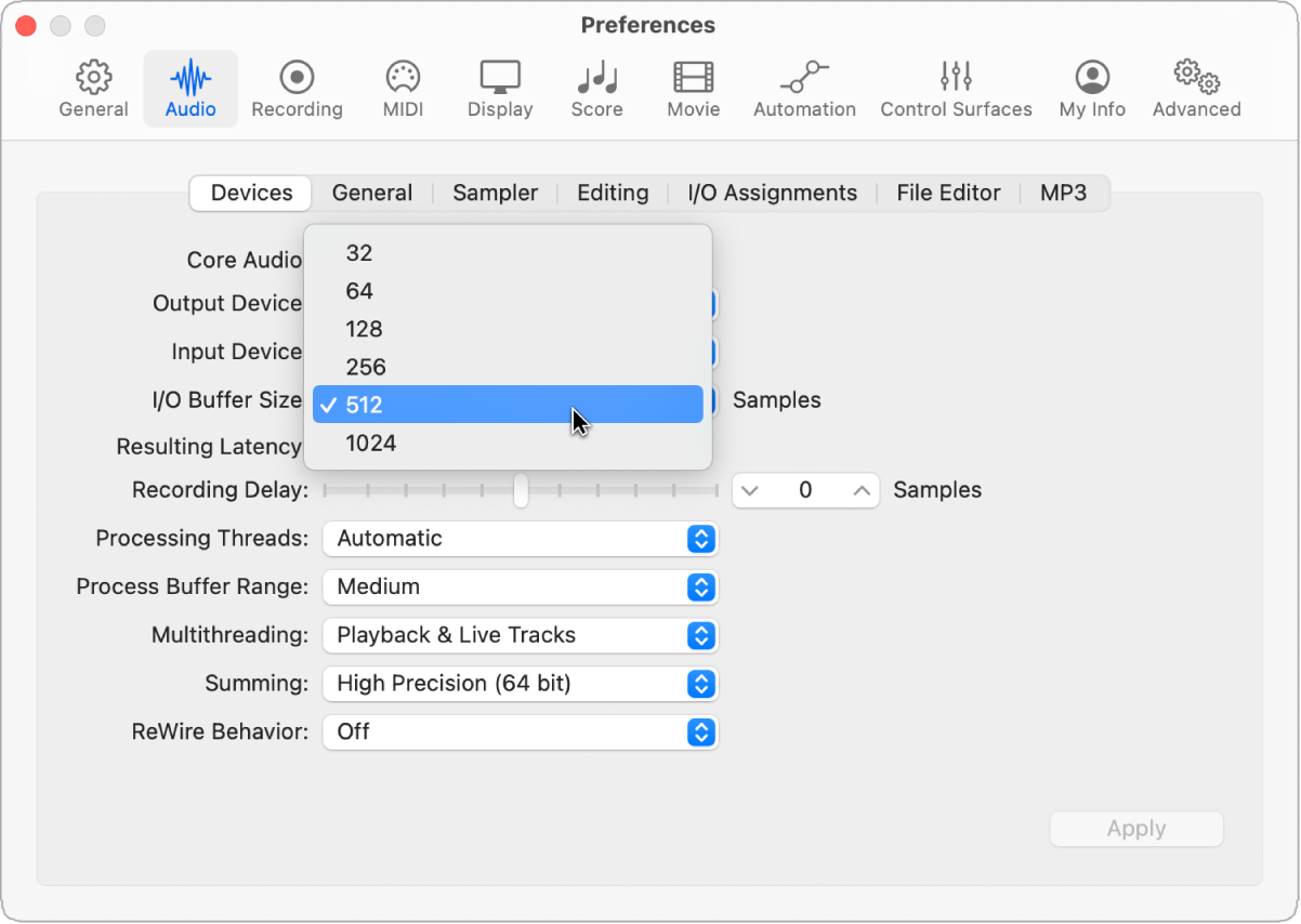 Figure. Set the I/O buffer size in Logic Pro preferences.