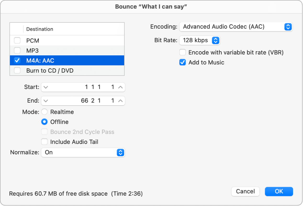 Figure. M4A AAC Format options in the Bounce window.