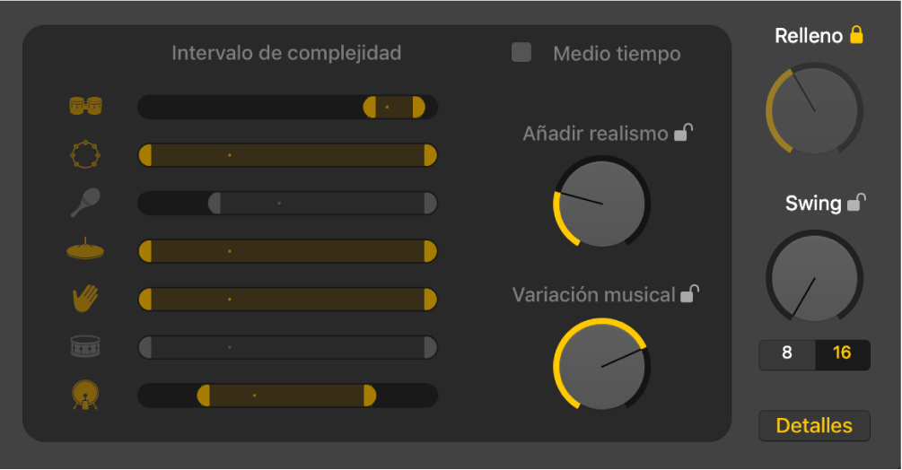 Ilustración. Potenciómetro Humanizar, potenciómetro Evolución y reguladores “Intervalo de complejidad” del editor Drummer.