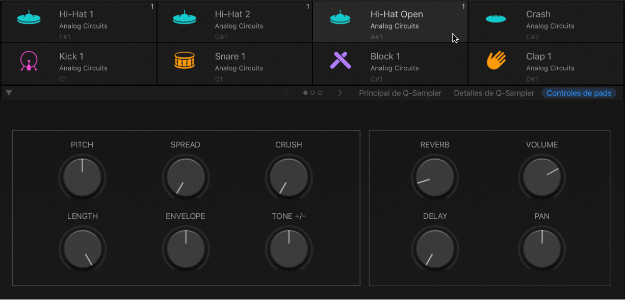 Ilustración. Drum Machine Designer con un pad seleccionado, donde se muestran los parámetros de “Smart Controls” para piezas del kit.