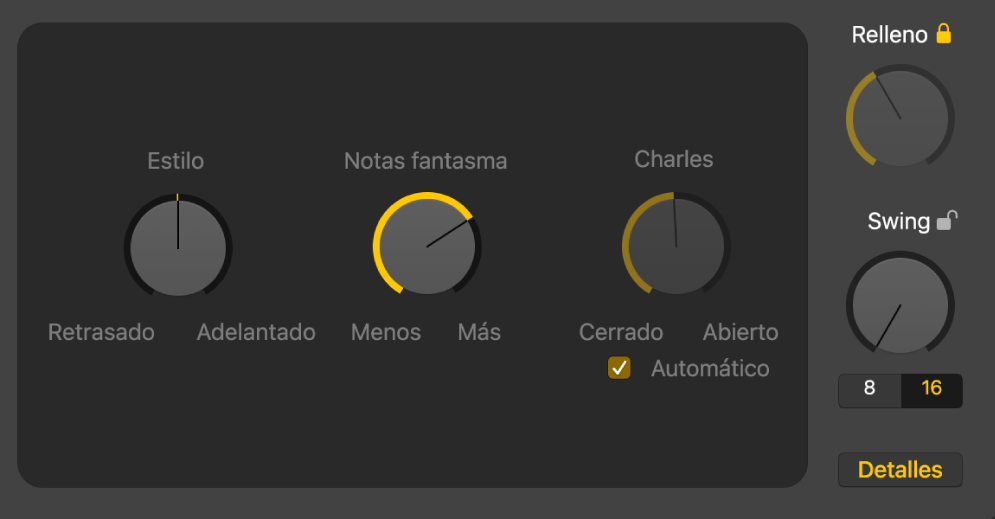Ilustración. Potenciómetro Estilo, potenciómetro “Notas fantasma” y potenciómetro Charles en el editor Drummer.