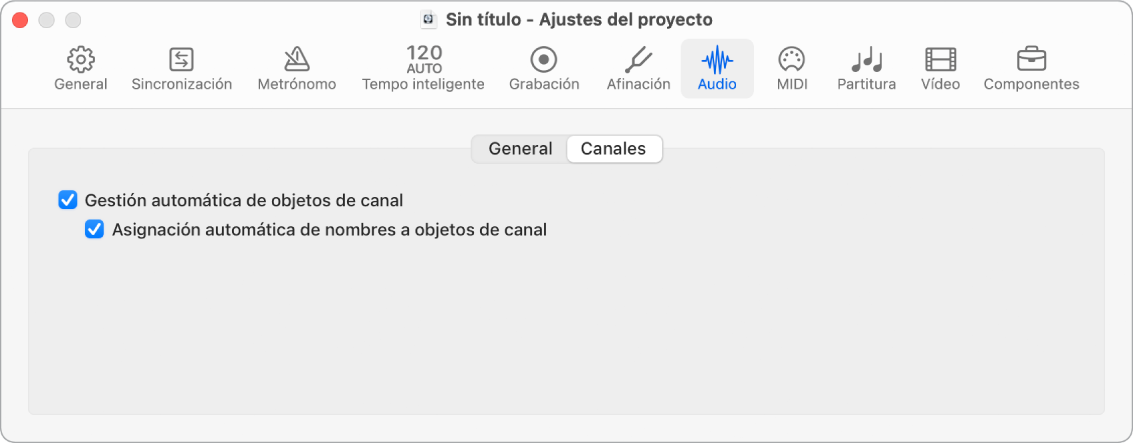 Ilustración. Ajustes de audio de canal.