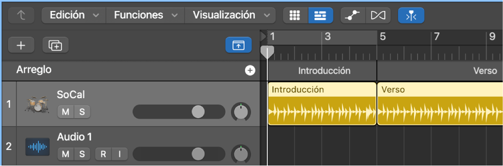Ilustración. Pista de Drummer con cinco pasajes que se ajustan a los cinco marcadores de arreglo.